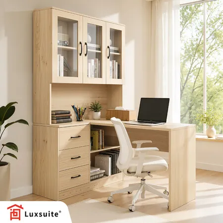 Computer Desk Bookcase Drawers Cabinets 3 in 1 Office Study Writing PC Laptop Table Shelving Unit Bookshelf Workstation Corner Storage Shelves 120cm