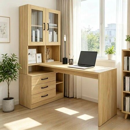 Computer Desk Bookcase Drawers Cabinets Home Office Study Writing PC Laptop Table Shelving Bookshelf Workstation with Storage Shelves 120x60x160cm