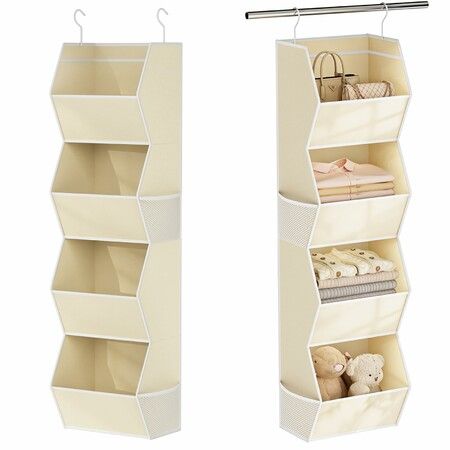 4 Shelf Collapsible Bedroom Closet Organizers and Storage Hanging with Mesh Pocket, Closet Hanging Organizers for Wardrobe Space Saver (Beige)