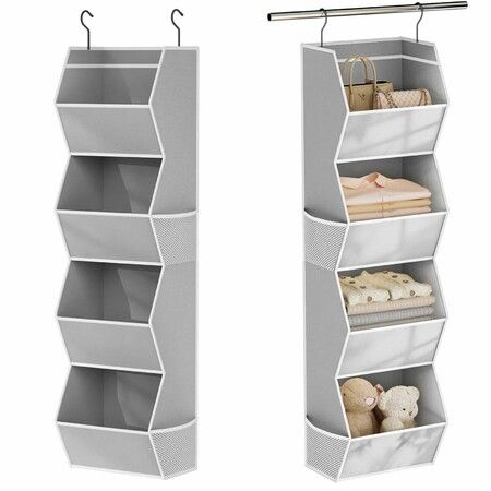 4 Shelf Collapsible Bedroom Closet Organizers and Storage Hanging with Mesh Pocket, Closet Hanging Organizers for Wardrobe Space Saver (Grey)