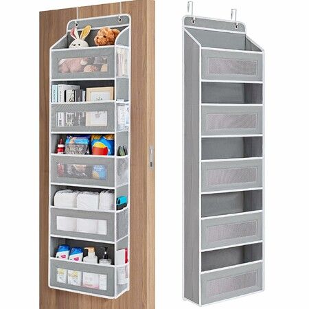Over the Door Organizer Storage, 5 Shelf Hanging Organizer with 5 Pockets, Anti Tilt 44 lb Load Behind Door Storage for Home Use (Grey)