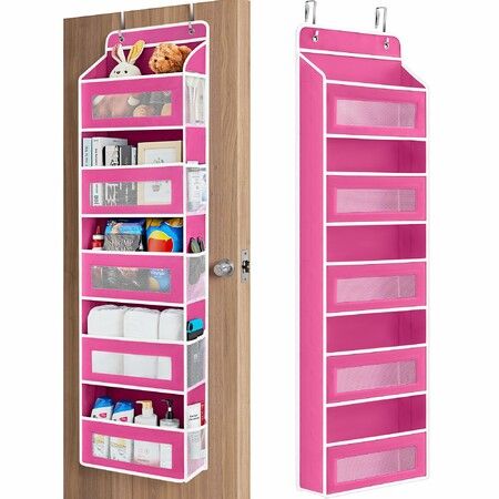 Over the Door Organizer Storage, 5 Shelf Hanging Organizer with 5 Pockets, Anti Tilt 44 lb Load Behind Door Storage for Home Use (Pink)
