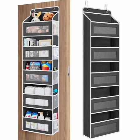 Over the Door Organizer Storage, 5 Shelf Hanging Organizer with 5 Pockets, Anti Tilt 44 lb Load Behind Door Storage for Home Use (Black)