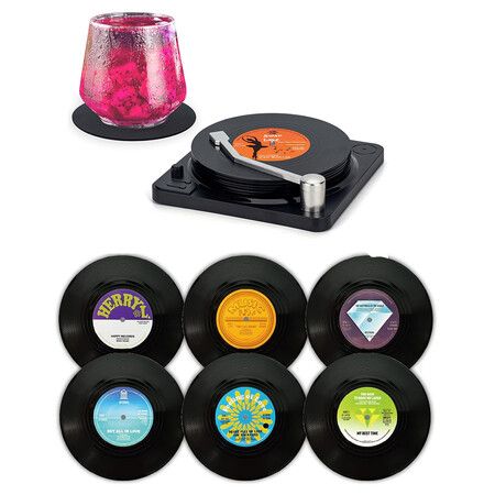 Funny Retro Record Coasters for Drinks with Vinyl Player Holder, Set of 6 Coaster White Elephant Gifts for Music Lovers, Conversation Piece Sayings
