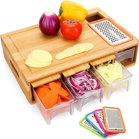 Large Bamboo Cutting Board With 4 Drawers,Chopping Carving Block With Juice Grooves Food Sliding Opening For Food Storage,Transport And Cleanup