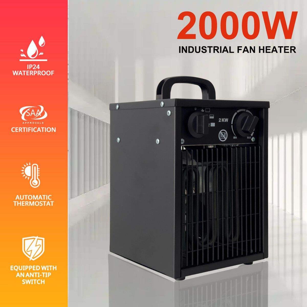 Industrial Electric Fan Heater Portable Room Carpet Dryer Forced Warm Hot Air 2000W Fast Heating Standing SAA for Warehouse Workshop Farm Garage Space