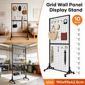 Mobile Grid Wall Display Stand Floor Standing Retail Shop Rack Mesh Wire Panel with 10 Hooks and Wheels for Market Exhibition Art Show 190x95x42.5cm