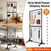 Mobile Grid Wall Display Stand Floor Standing Retail Shop Rack Mesh Wire Panel with 10 Hooks and Wheels for Market Exhibition Art Show 190x95x42.5cm