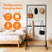 Mobile Grid Wall Display Stand Floor Standing Retail Shop Rack Mesh Wire Panel with 10 Hooks and Wheels for Market Exhibition Art Show 190x95x42.5cm