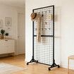 Mobile Grid Wall Display Stand Floor Standing Retail Shop Rack Mesh Wire Panel with 10 Hooks and Wheels for Market Exhibition Art Show 190x95x42.5cm