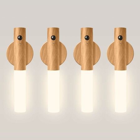 4 Pack Wooden Motion Sensor Lights, Rechargeable LED Wireless Magnetic Battery Operated Wall Sconce, Portable Decor Torch Night Lighting for Bedroom