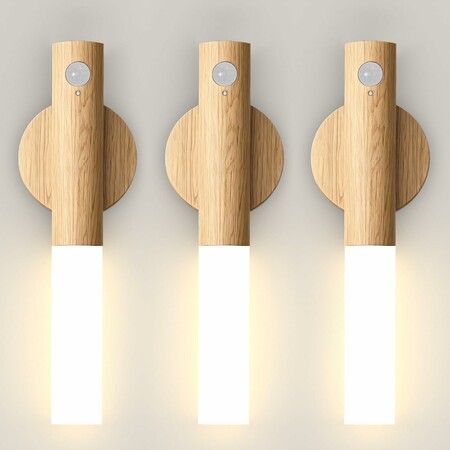 3 Pack Wooden Motion Sensor Lights, Rechargeable LED Wireless Magnetic Battery Operated Wall Sconce, Portable Decor Torch Night Lighting for Bedroom