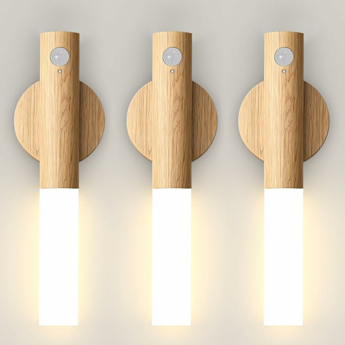 3 Pack Wooden Motion Sensor Lights, Rechargeable LED Wireless Magnetic Battery Operated Wall Sconce, Portable Decor Torch Night Lighting for Bedroom