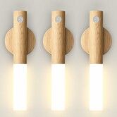 3 Pack Wooden Motion Sensor Lights, Rechargeable LED Wireless Magnetic Battery Operated Wall Sconce, Portable Decor Torch Night Lighting for Bedroom
