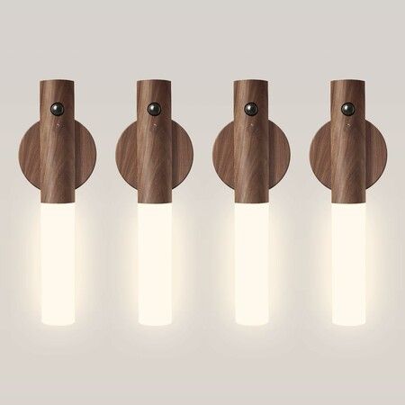 4 Pack Wooden Motion Sensor Lights, Rechargeable LED Wireless Magnetic Battery Operated Wall Sconce, Portable Decor Torch Night Lighting for Bedroom