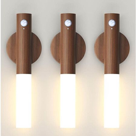 3 Pack Wooden Motion Sensor Lights, Rechargeable LED Wireless Magnetic Battery Operated Wall Sconce, Portable Decor Torch Night Lighting for Bedroom