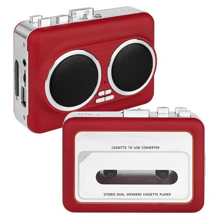 Cassette Tape Player, Portable Cassette to Digital Converter, USB Cassette to MP3 Converter with 3.5mm Headphone Jack (Red)