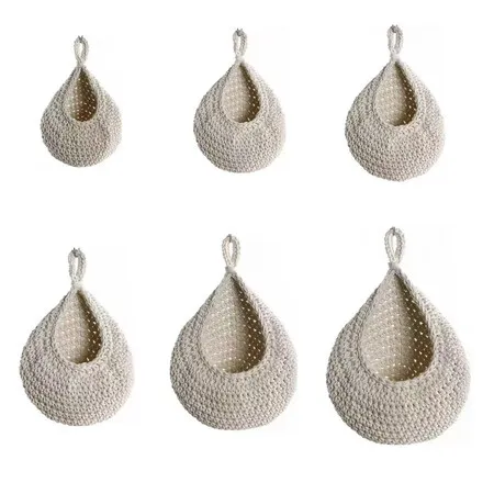 6PCS White Cotton Rope Boho Teardrop Hanging Fruit Baskets for Kitchen Handwoven Wall Planters Hooks Green Basket Decor Vegetable Storage Bag