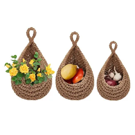 3PCS Hemp Rope Boho Teardrop Hanging Fruit Baskets for Kitchen Handwoven Wall Planters Hooks Green Basket Decor Vegetable Storage