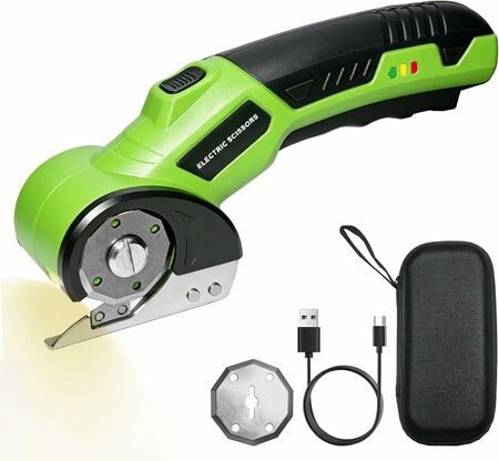 Cordless Electric Scissors Heavy Duty Cardboard Cutter with 2 Blades, Safety Lock, LED Light, Rotary Cutter for Fabric Leather Cardboard Box