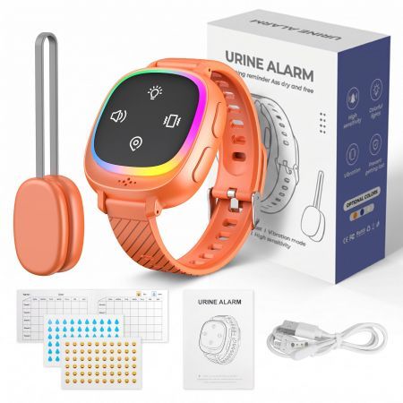 Wireless Bed Wetting Alarm Watch Style Wristband Potty Trainer with Vibration Voice Light Alert Anti-Loss Tracking 20 Days Standby for Kids Elderly, Orange