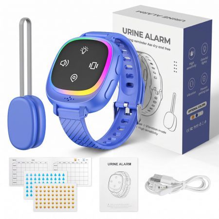 Wireless Bed Wetting Alarm, Watch Style Wristband Potty Trainer with Vibration Voice Light Alert, Anti-Loss Tracking 20 Days Standby for Kids Elderly, Blue
