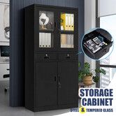 185cm Steel File Cabinet Lockable Office Filing Storage Cupboard Stationery Locker 2 Drawers 4 Shelves Tempered Glass Doors Metal Garage Organiser