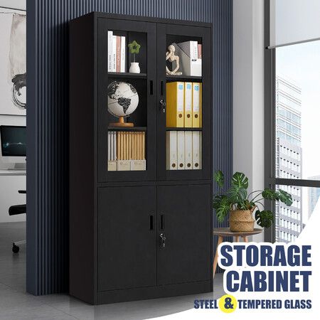 Steel Filing Cabinet Lockable Office Storage Cupboard 5 Tier Metal Locker File Folder Shelves Garage Organiser with Tempered Glass Doors 185x90x40cm