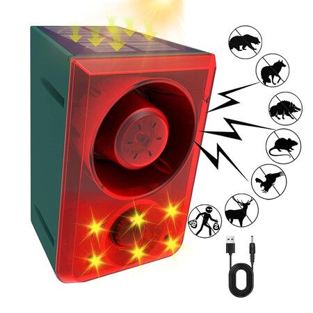 Solar Outdoor Motion Sensor Alarm with Dog Barking Gunshot Sound, Support Recording and Adjustable Volume, 130db Loud Noise Maker for Home, Villa, Farm