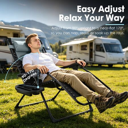 Zero Gravity Lounge Chair Folding Recliner Outdoor Camping Garden Sun Lounger Adjustable Padded Seat Cushion with Headrest Cup Holder Tray Black 160kg