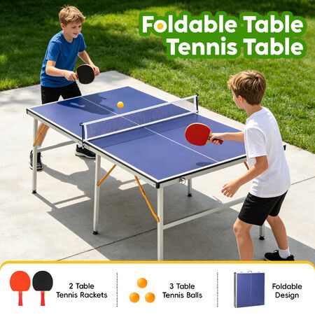 180cm Foldable Table Tennis Table Portable Ping Pong Play Set Indoor Outdoor Gym Sports Family Office Game with Net 2 Rackets 3 Balls Aluminium Frame