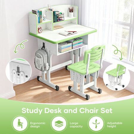 Kids Study Desk and Chair Set Height Adjustable Ergonomic Childrens Writing Table Seat Bookshelf Drawer Storage Shelves Side Hook Home School Students