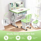 Kids Study Desk and Chair Set Height Adjustable Ergonomic Childrens Writing Table Seat Bookshelf Drawer Storage Shelves Side Hook Home School Students