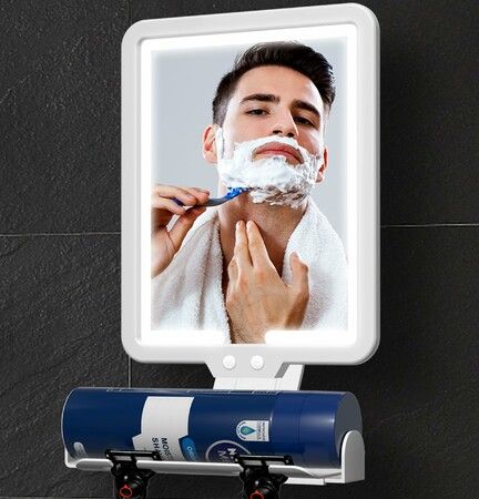 Shower Mirror Fogless for Shaving with Lighting, Rechargeable Anti-Fog Shower Mirror with Storage Tray and Razor Holders White