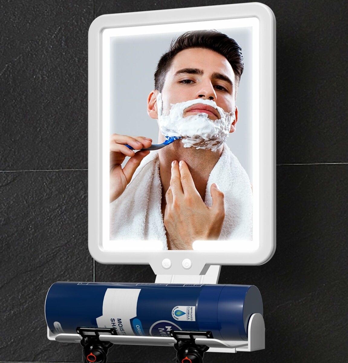 Shower Mirror Fogless for Shaving with Lighting, Rechargeable Anti-Fog Shower Mirror with Storage Tray and Razor Holders White