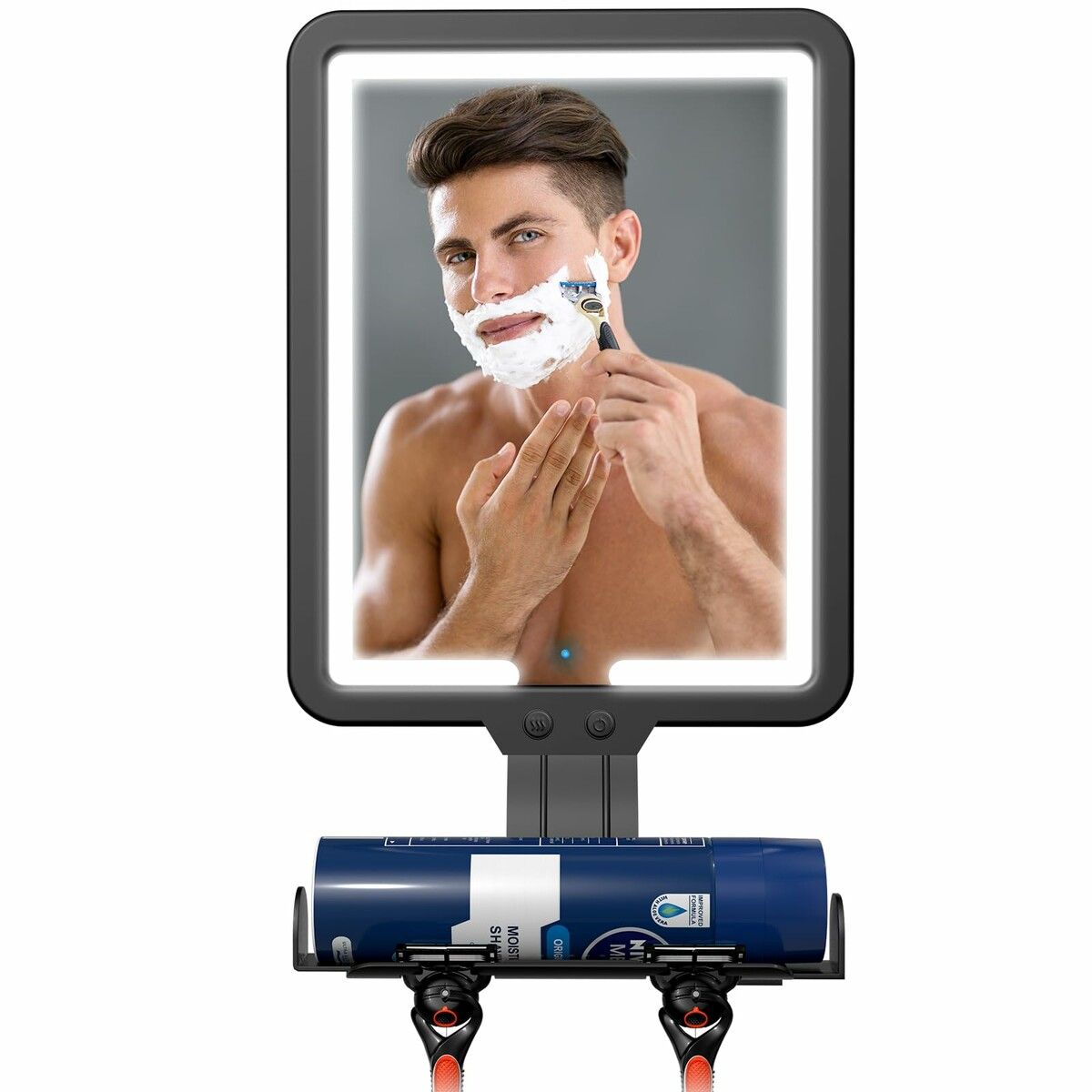 Shower Mirror Fogless for Shaving with Lighting, Rechargeable Anti-Fog Shower Mirror with Storage Tray and Razor Holders Black
