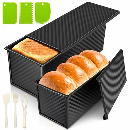 2 Pack Pullman Loaf Pan with Lids, 2.2 LB and 1 LB Dough Capacity, Non Stick Carbon Steel Bread Pans for Homemade Sandwich Corrugated Toast Mold, Black