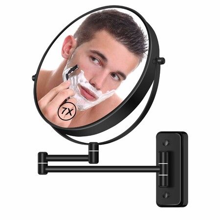 8 Inch Wall Mounted Magnifying Makeup Mirror 1X/7X Wall Mount Mirror Two-Sided Bathroom Shaving Mirror for Men and Women Black