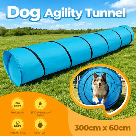 Pet Dog Cat Agility Tunnel 3m Portable Doggy Puppy Training Cave Chute Waterproof Exercise Equipment Crawl Pop Up Play Toy w/ Carry Bag Ground Stakes