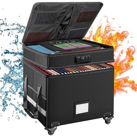 Fireproof Document Box with Lock,2-Layer File Box with Wheels, Collapsible File Storage Organizer with Pockets, Portable Home Filing Cabinet