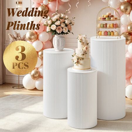3Pcs Metal Plinth Display Stand White Cylinder Pedestal Cake Flower Plant Dessert Table Wedding Party Event Decoration Ripple Round Stackable Columns