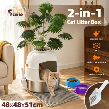 Cat Litter Box Kitty Enclosed Stainless Steel Potty Pan Pet Toilet Training Tray Covered Hidden Furniture with ABS Lid Mat Scoop Faux Plant Decoration