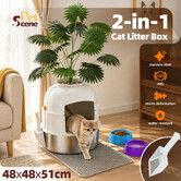 Cat Litter Box Kitty Enclosed Stainless Steel Potty Pan Pet Toilet Training Tray Covered Hidden Furniture with ABS Lid Mat Scoop Faux Plant Decoration