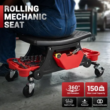 Rolling Mechanic Stool Creeper Seat with Wheels Locking Garage Car Detailing Chair Auto Repair Tool Storage Tray Ergonomic Heavy Duty Workshop Trolley