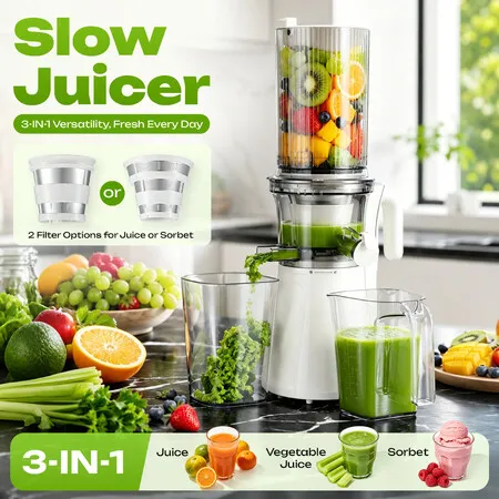 Maxkon Cold Press Slow Juicer Machine Large Feed Chute Whole Fruit Masticating Vegetable Processor Easy Clean Juice Extractor Slower Sorbet Maker 200W