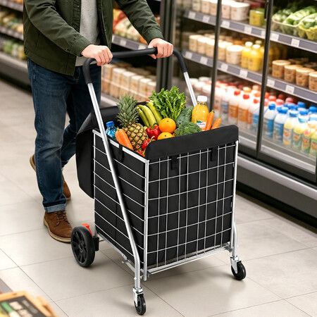 Folding Shopping Cart Trolley Portable Waterproof Grocery Laundry Bag Metal Utility Storage Basket Wheeled Rolling Foldable Market Granny Camping Dolly