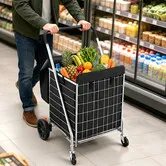 Folding Shopping Cart Trolley Portable Waterproof Grocery Laundry Bag Metal Utility Storage Basket Wheeled Rolling Foldable Market Granny Camping Dolly