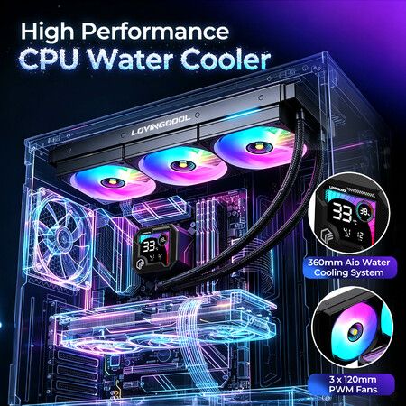 Black 360mm AIO CPU Cooler ARGB 3x120mm PWM Fans Pump Liquid Water Cooling Radiator 2600RPM Speed for Intel LGA1851/1700 AMD AM5 AM4 Gaming PC Case