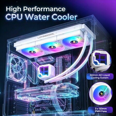 360mm AIO CPU Liquid Cooler ARGB 3x120mm PWM Fans Pump Water Cooling Radiator 2600RPM Speed for Intel LGA1851/1700 AMD AM5 AM4 Gaming PC Case White