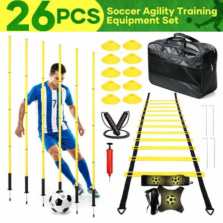 26PCS Soccer Agility Training Equipment Set Football Speed Drill Footwork Sports Practice Aid 6 Poles 10 Disc Cones 1 Belt Ladder Skip Rope Carry Bag